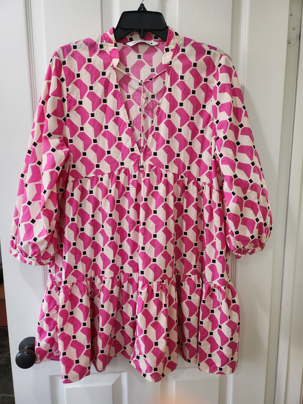 ZARA Geometric Pink & White Tiered Tunic Mini Dress Size L - Picture 2 of 13